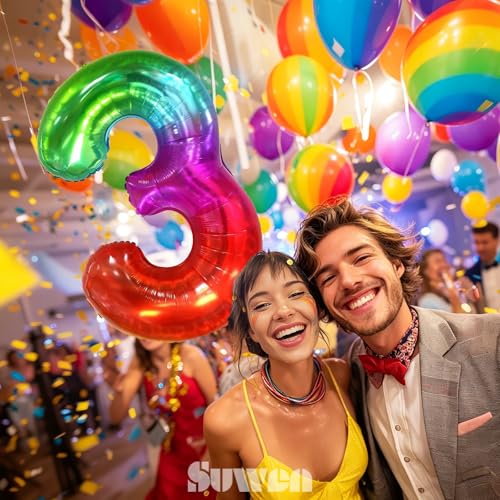 Image of SUWEN Rainbow Number 3 Balloon 40 Inch,Big Colorful Balloons 0-9 | Large Gradient Jelly 3rd Helium Foil Mylar Number Multicolor Balloons for Birthday Anniversary Party Decorations