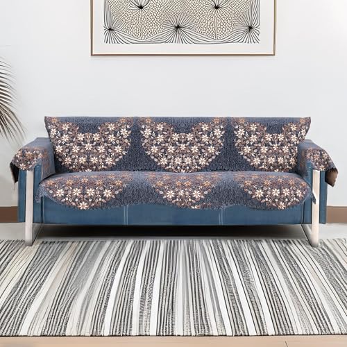 Image of Premium Chenille Woven Anti-Slip 3 Seater Sofa Cover with Arm Rest | L-Shape Sofa Seat Protector for Living Room | Durable & Stylish Slipcover - Grey Phoolkari