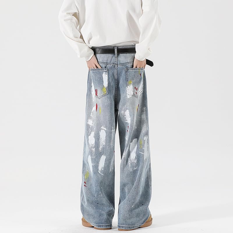 Men's Summer Denim Casual Pants Americana Graffiti Print Jeans4