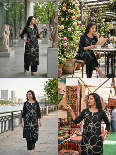 Image of Leriya Fashion Women's Cotton Straight Embroidered Kurta with Pant Set | Ethnic Motifs Work Kurti with Pant for Women | Casual & Office Outfit Ensemble | Kurta Sets for Woman