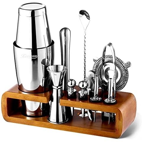 KITESSENSU Mixology Bar Kit with Stand | Complete 11-Piece Cocktail Shaker Set Bar Set for Inspired Drink Mixing Experience | Bartender Accessories for Home Bar Tools Set with Recipes Booklet Cover