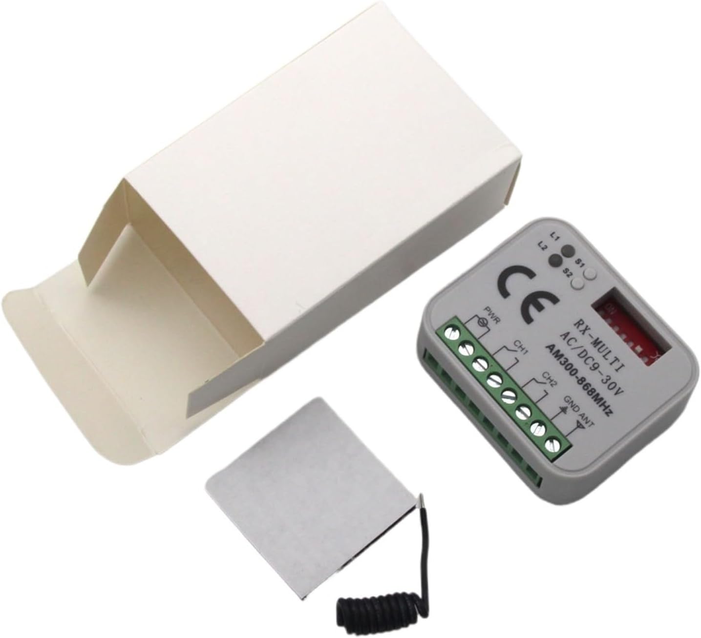 RX-Multi Receiver Controller with its packaging box and a small antenna.