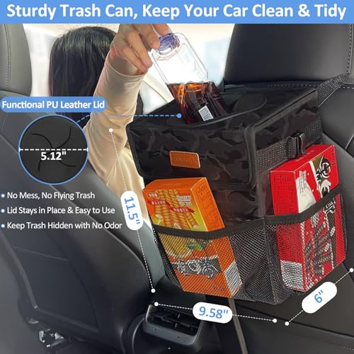 Image of ELONGRIVER Car Trash Can Bin for Back Seat Leak Proof, Cute Car Trash Bag Hanging, Vehicle Trash Can for SUV Truck Van, Automotive Garbage Cans Front Seat Camo Black