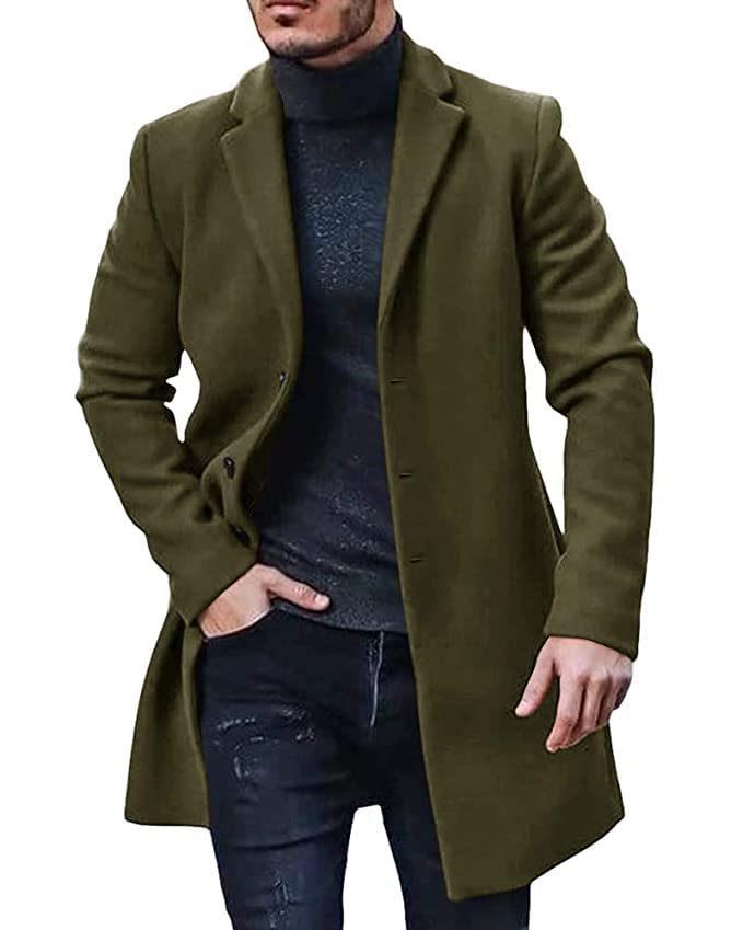 Men's Trench Coat Slim Fit Notch Lapel Single Breasted Top Coat Winter Warm Cotton Business Long Jacket Overcoat-Army Green |6XL-image-29