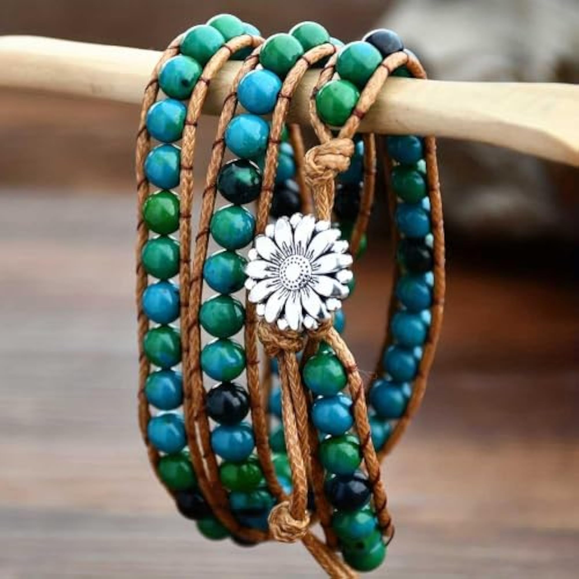 Floral Charm Beaded Leather Rope Bracelet for Teens