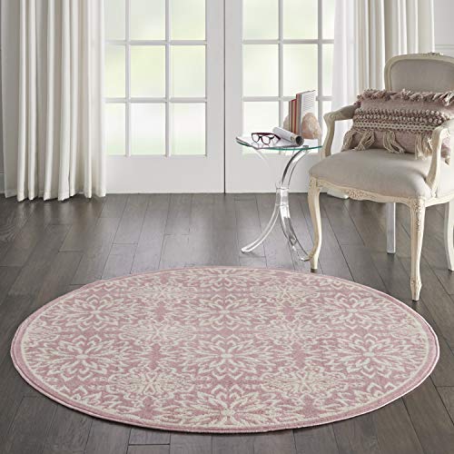 Image of Nourison Home Jubilant Floral Ivory/Pink 5'3'' x Round Area-Rug, Easy-Cleaning, Non Shedding, Bed Room, Living Room, Dining Room, Kitchen (5 Round)