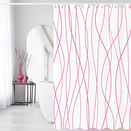 Caheansi Hot Pink and White Striped Shower Curtain, Modern Abstract Geometric Pink White Striped Simple Minimalist Art Bathroom Curtain Waterproof Fabric Machine Washable with Hooks, 72" Wx72 L by Caheansi - Used condition - Image 2