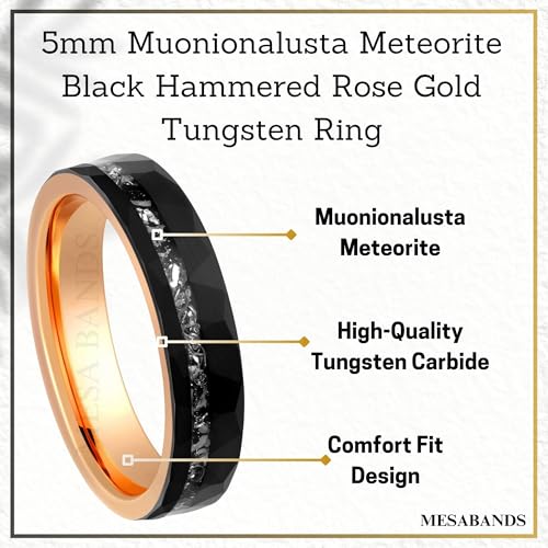 Custom Engraved Women's Wedding Ring Black Hammered Rose Gold Tungsten Meteorite Inlay, Personalized Wooden Ring Box - 5mm Comfort Fit2