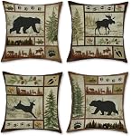 Bonhause Couvertures d'oreillers à jet d'ours rustiques 18 x 18 Ensemble de pouces 4 Lodge Moose Deer Oreillers décoratifs d'animaux Étui en polyester Coussin de lin Couvre pour canapé à l'extérieur