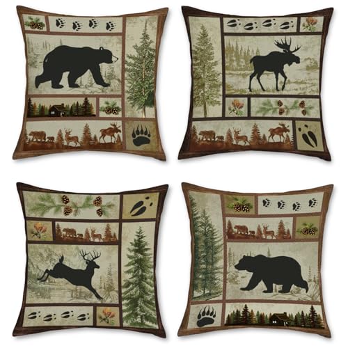 Bonhause BHP0119 Rustic Cabin Bear Throw Pillow Covers 18 X 18 Inch Set Of 4 Lodge Moose Deer Animal Decorative Pillows Case Polyester Linen Outdoor Cushion Covers For Couch Sofa Bed Home Decor cover