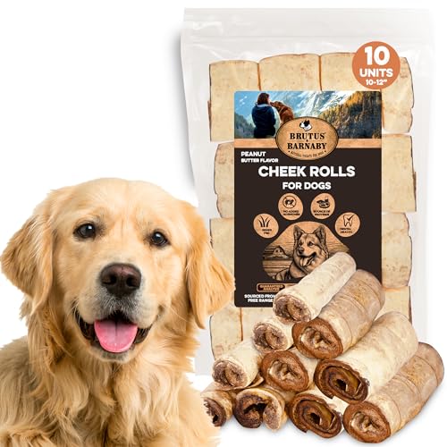 Premium Beef Cheek Rolls for Dogs 10-12" - (10-Pack), Peanut Butter Flavored Long Lasting, Safe & Natural Rawhide Alternative Chews, Ideal for Large Dogs & Aggressive Chewers, Supports Dental Health