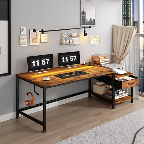 Image of DurayLoly 56 inch Computer Desk with Printer Shelf & Power Outlets - Reversible Gaming Desk with LED Lights, Drawer & Headphone Hook for Teen Bedroom, Dorm, Home Office, Rustic Brown