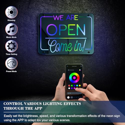 Image of ineonlife Open Neon Sign Come in We are Open Mirrored Colorful LED Lights for Business Decor Bright Led Light Signs Window Door Decoration Bar Shop Coffee Salon Store