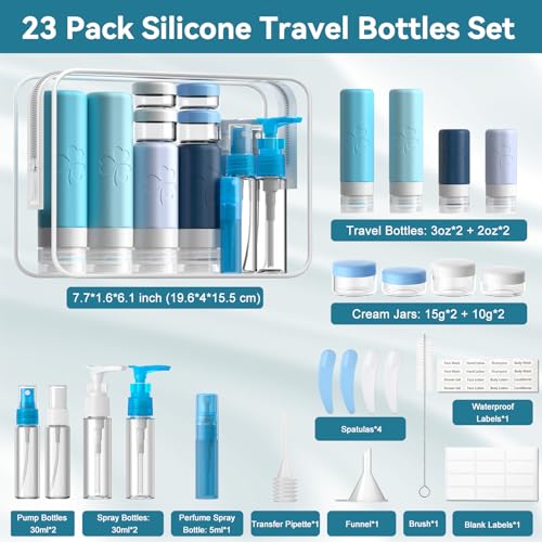 INSFIT 23 Stück Reiseflaschen Zum Befüllen, 90 ml und 60 ml Silikon Reiseflaschen Set, TSA genehmigte Reiseset Flüssigkeiten, Auslaufsichere Reisegröße Behälter Reise Gadgets