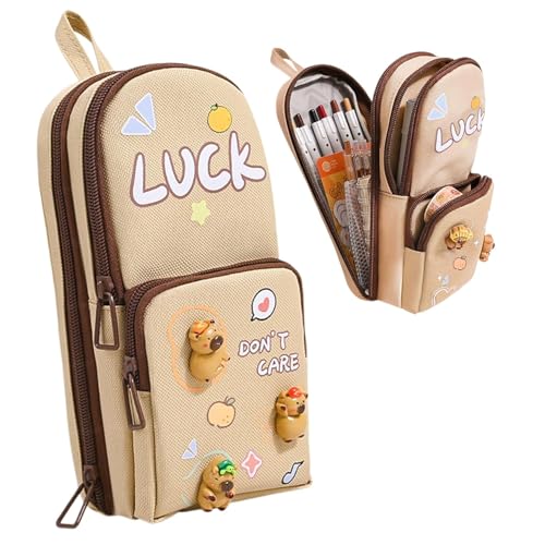 Image of Canvas School Bag Pencil Case, 3 Layer 6 Compartment Large Capacity, Aesthetic Pencil Pouch for Stationary, Cute Stationery for Kids, Pencil Case for Girls & Boys (Luck kit)