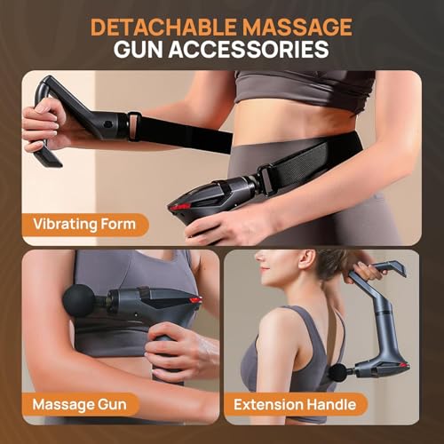 Image of Detachable Vibrating Massage Gun with Adjustable Extension Handle & Shoulder Strap | 12 Speed Levels | 4 Interchangeable Massage Heads | Deep Tissue Percussion Massager for Back, Neck, Shoulder, Arms & Legs