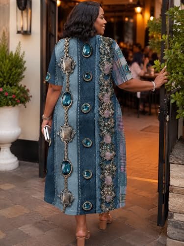 Image of SUZONANA Plus Size Denim Print Maxi Dresses for Women Casual V Neck Short Sleeve with Pockets Soft Jean Look Dress XL-6XL