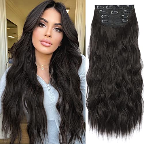 EAWWII Clip in Hair Extensions Long Wavy Hairpieces Dark Brunette Brown 4PCS Thick Synthetic Curly Hair Pieces Double Weft Natural Hair Extension Fiber 24Inch for Women