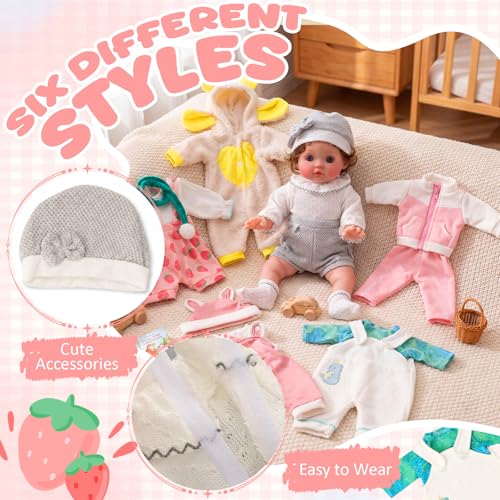 Image of Reborn Baby Doll Clothes Set for 18 Inch Colorful Babydolls Clothes Outfits Realistic Cute Strawberry Fruit Pattern Dress Accessories with Headband Bulk for Girl(Cartoon Print Set)