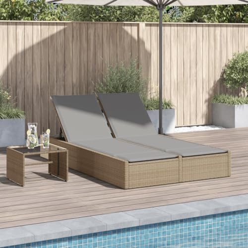Frdhee Tumbona de relax, silla de jardín, tumbona de camping, tumbona doble con cojines beige de poliratán para balcón, terraza, pícnic, estable
