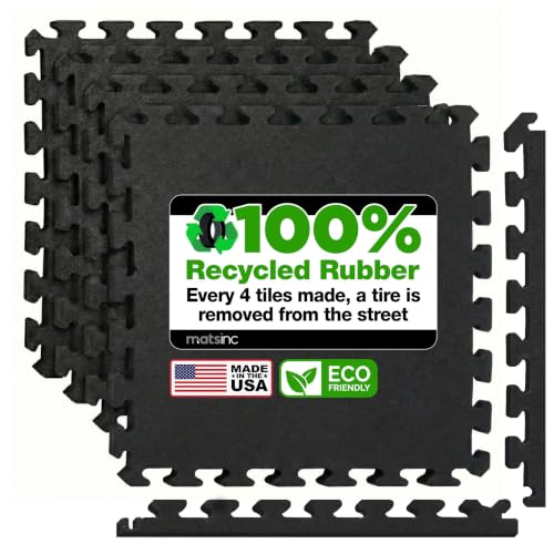 MatsInc. Flex 100% Recycled Rubber Tiles with Zip Edges – Gym Floor Tiles w/Removable Edges – 2’ x 2’ – Non-Slip Rubber Mats for Home Gym, Fitness & Workout Areas – 4 Pack, Solid Black