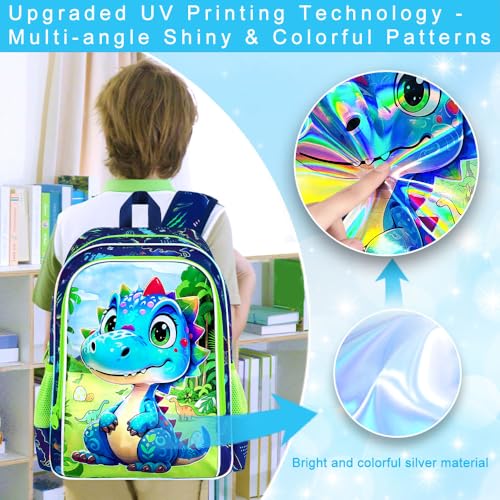 Image of AGSDON 3PCS Dinosaur Backpack for Boys, 16 inch Little Kids Preschool Bookbag, Elementary Backpacks and Lunch Box - Blue