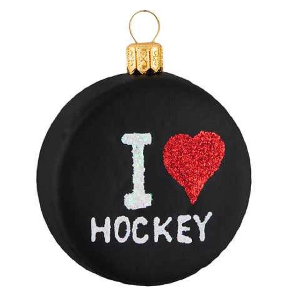 I Love Hockey Puck Polish Glass Christmas Tree Ornament Sports Decoration