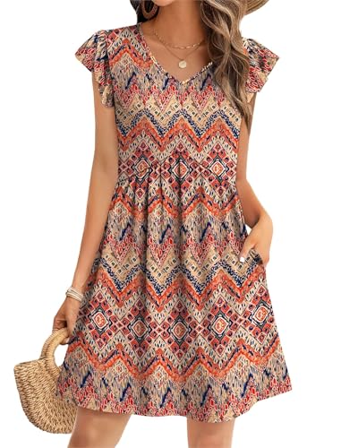 Image of OFEEFAN Summer Dresses for Women Beach Vacation Clothes V Neck Ruffle Sleeve Babydoll Dress Elegant Classy Sundress