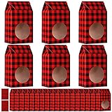 Aneco 24 Pack Red and Black Plaid Christmas Cookie Bags for Gift Giving Christmas Food Candy Treat Boxes with 30 Pieces Tag Stickers