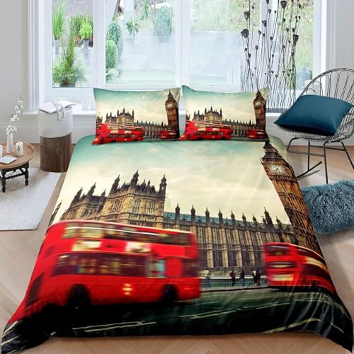 TACOKI Housse de Couette 220x240 Londres Réversible Parure de Lit Londres 220x240, Imprimée 3D Microfibre Douce Literie Housses de Couettes 2 Personnes avec...
