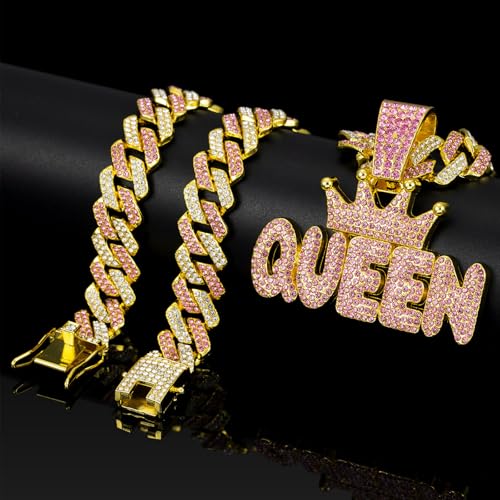 Queen Hip-hop Cuban Chain, Rhinestone Pendant Necklace Jewelry For Women，Women's Fashion Jewelry3