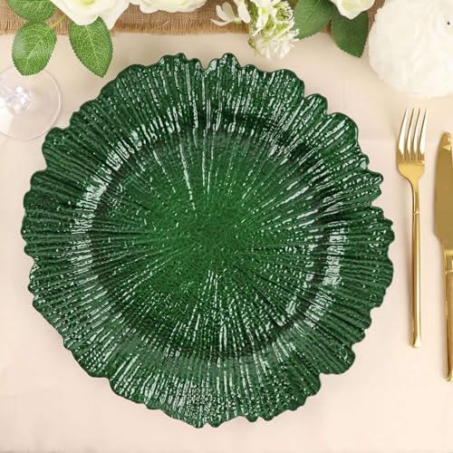 TCF Linen 13 Charger Plates - Set of 12 - Acrylic Hunter Green Round Reef Disposable Chargers Ideal for Dinner Party Wedding Holiday Bulk Events
