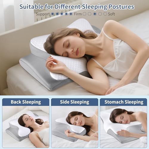 Image of Cervical Neck Pillow for Pain Relief, Ergonomic Contour Pillow, Orthopedic Memory Foam Neck Support Pillow for Side, Back & Stomach Sleepers (Off-White)