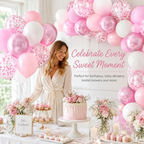 Image of Biapian Pink & White Metallic Chrome Confetti Latex Balloons - 12 Inch Ribbon Party Balloons Set for Girls' Birthday Princess Parties