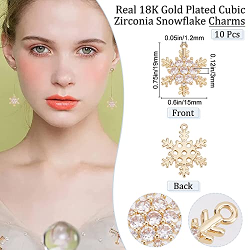 Beebeecraft 10Pcs 18K Gold Plated Snowflake Charms Cubic Zirconia Winter Christmas Charm Pendants For Crafting Bracelet Necklace Jewelry Making #TOP1
