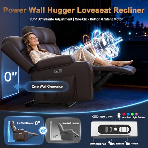 Image of Power Loveseat Recliner Sofa, Home Theater Seating with Heat Massage, Reclining Loveseats with Flip Backrest, Wall Hugger RV Couch Movie Theater Chairs, RV Furniture Sofas with USB, for Gaming Room