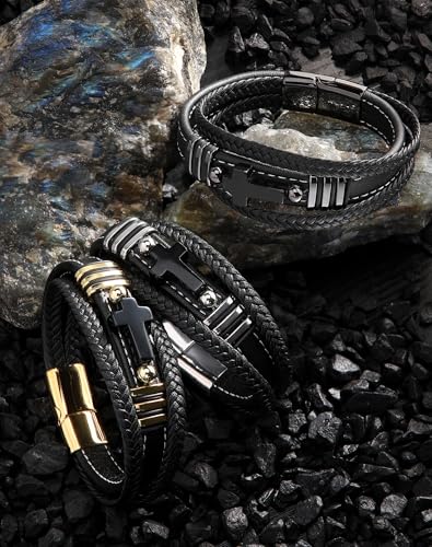 Mens Cuff Cross Bracelets - Stainless Steel Christian for Men - Black Multilayer Leather Religious Punk Jewelry3
