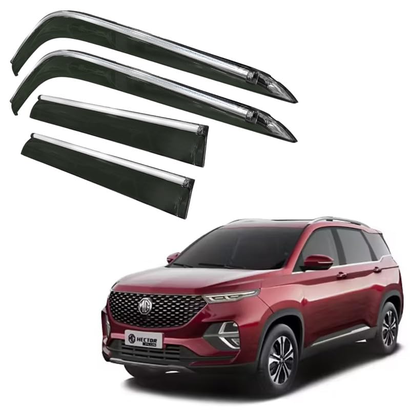 Image of CAR SAAZ Side Door Visors for MG Hector Plus (2020-2023)(Set of 4Pcs)|Chrome Lined Rain Guards, Polycarbonate, Smoke Finish