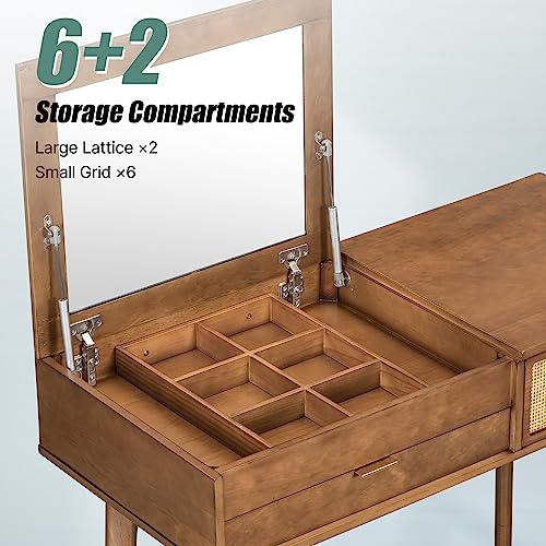 Image of Vanity Table Set with Flip-top Mirror and Cushioned Stool, 43.3 inch Classic Wood Makeup Vanity Set, Dressing Table with 3 Woven Rattan Drawers and Storage Space for Bedroom (Brown with Flip-top Mirror)