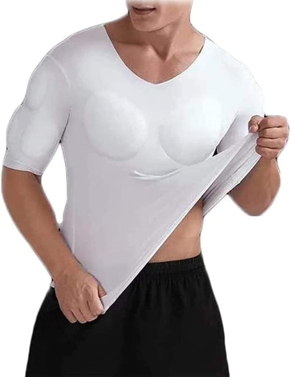 Xuanfxpj Unisex White Men Shaper False Muscle Chest Tops T-Shirt Fake Shoulders Padded Underwear Breathable Shoulders Padded Compression T-Shirts(,S)