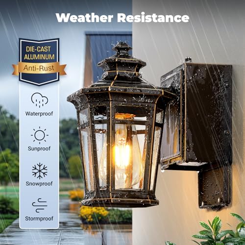 Image of Gleamz 2-Pack ORB Dusk to Dawn Outdoor Lighting with GFCI Outlet, Outside Wall Lights with Gold Trim, Aluminum Exterior Lighting Fixtures Wall Mount, Waterproof Modern Exterior Coach Light Fixtures