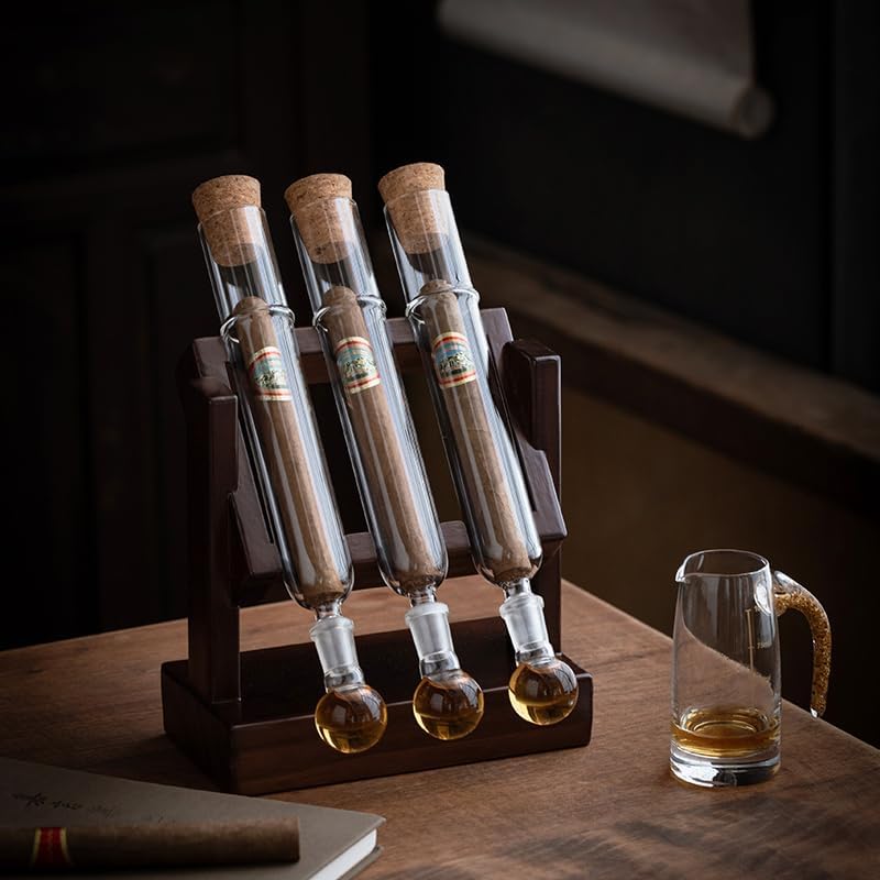 Cigoak Maestro Wooden Cigar Infuser Set, Glass Tubes with Stand, 12.8 x 2.95 x 8.27 inches, Adjustable Humidity Control, 3 Tube Humidor Kit