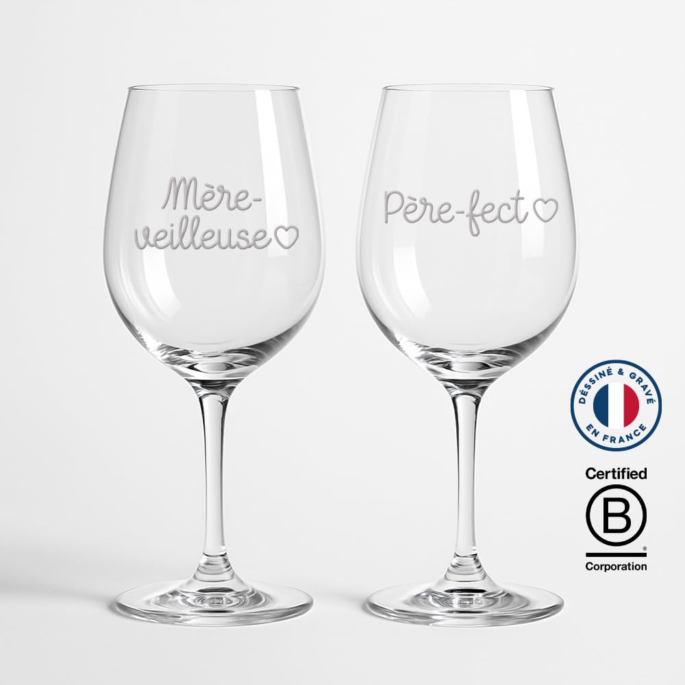 Coffret 2 Verres à Vin Gravés, Design Pèrefect et MèreVeilleuse, Cristal, Cadeau pour Parents, Set de Dégustation, verres gravés, duo de verre