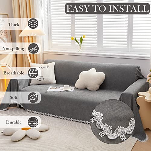Handontime Charcoal Chenille Couch Covers For 3 Cushion Couch Sofa Pet Couch Protector Cover, Modern Sofa Cover With Tassel For Cat Dog, Sectional Couch Covers L Shape, Couch Cover Blanket, 71" X118" #TOP1