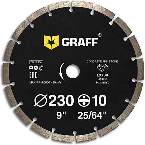 GRAFF Disco de diamante de 230 mm para Beton, Granito, Piedra, mármol, mampostería, ladrillo - Disco de tronconner diamante para amoladora - 9 pulgadas Cover