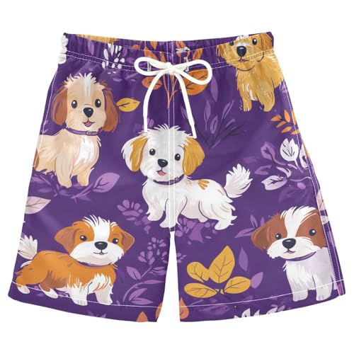 Jucciaco Boys Beach Board Shorts Dog Pet Purple Cartoon Swim Trunk Teen Swimwear