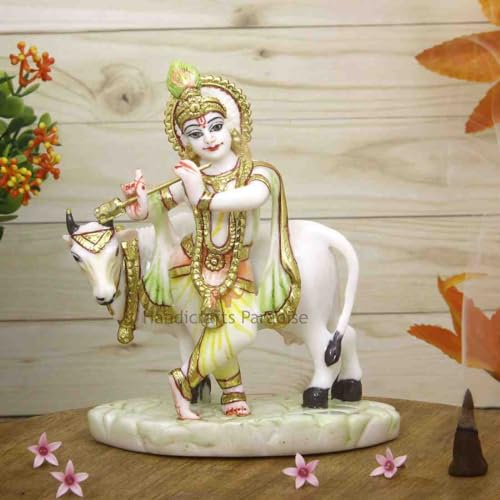 Image of Handicrafts Paradise Culture Marble Hand Painted Krishna with Cow Intricately Carved Showpiece for Home Decor and Puja - 5.5 Inch, Fantasy, Multicolor