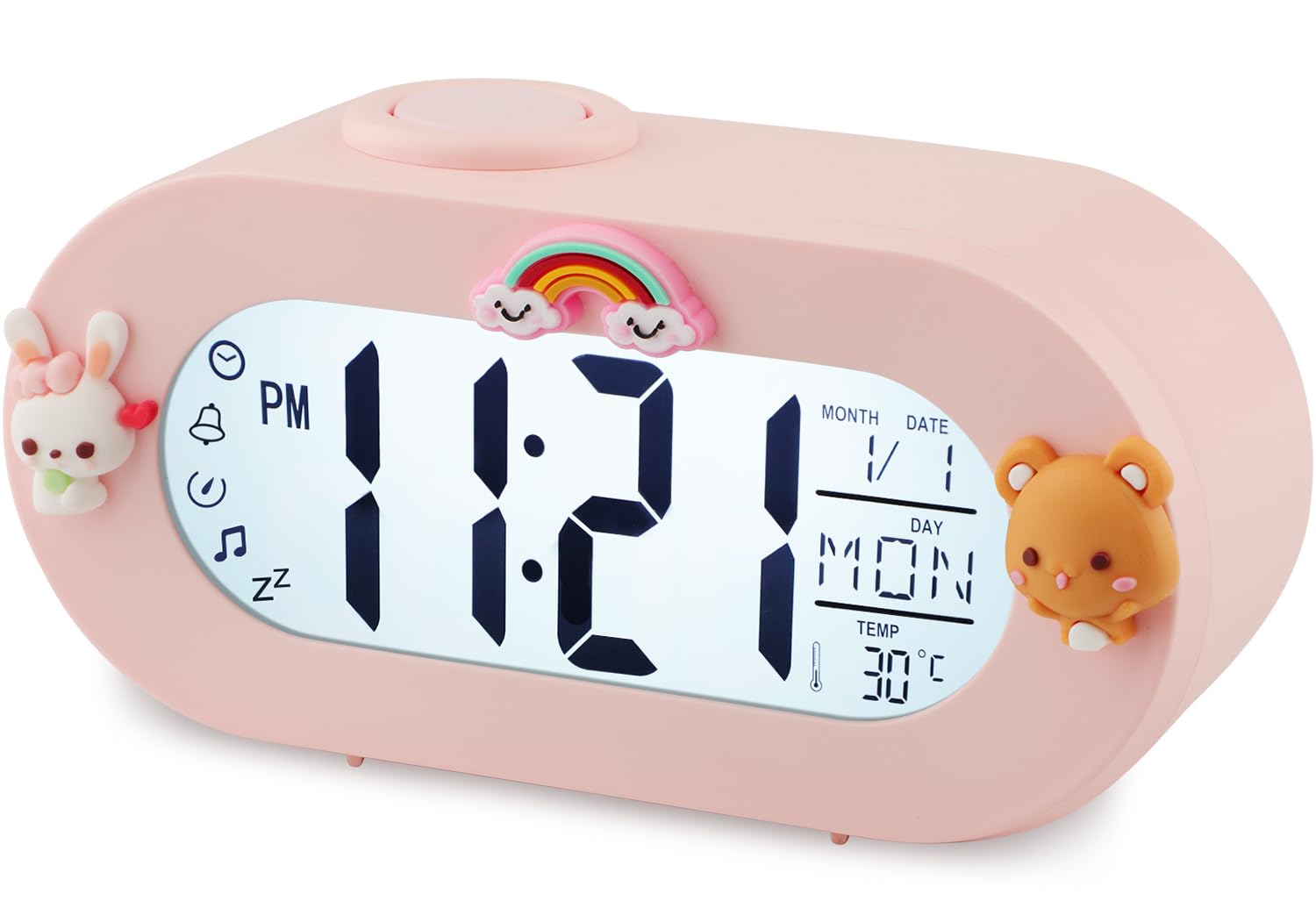 Alarm Clock for Kids,Kids Digital Clock with Snooze,Sonic Lamp,Timer,8 Ringtones,12/24H,Kids Alarm Clock with LCD Display,Kid's Room Decor（Pink）