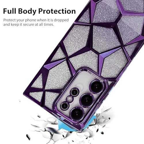 Image of VONZEE Gradient Glitter Case for Samsung S25 Ultra, Luxury Electroplated 3D Cube, Diamond Bling Shiny Soft TPU Clear Shockproof Women Girls Protective Phone Cover (Deep Purple)