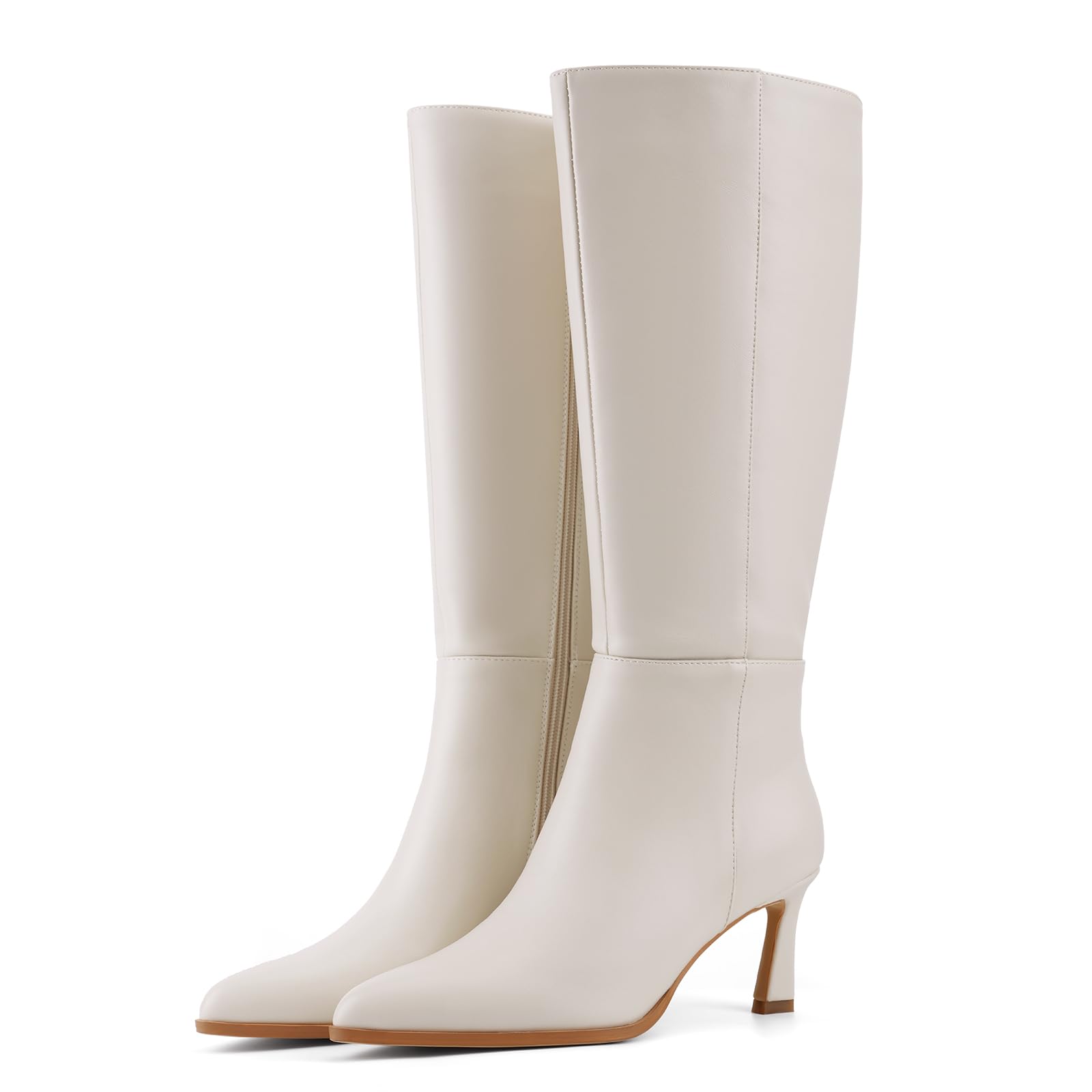 UBWDU Womens Kitten Heel Knee High Boots Side Zipper Pointed Toe Tall Boots Long Leather Dress Booties
